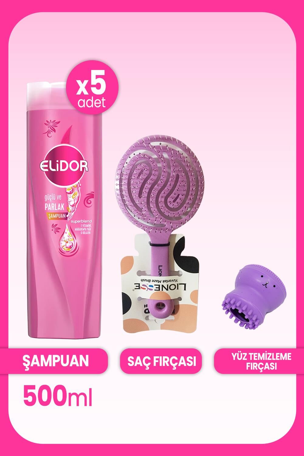 Elidor Superblend Şampuan Güçlü Parlak 500 ml x 5 Adet, Saç Fırçası ve Yüz Temizleme Fırçası
