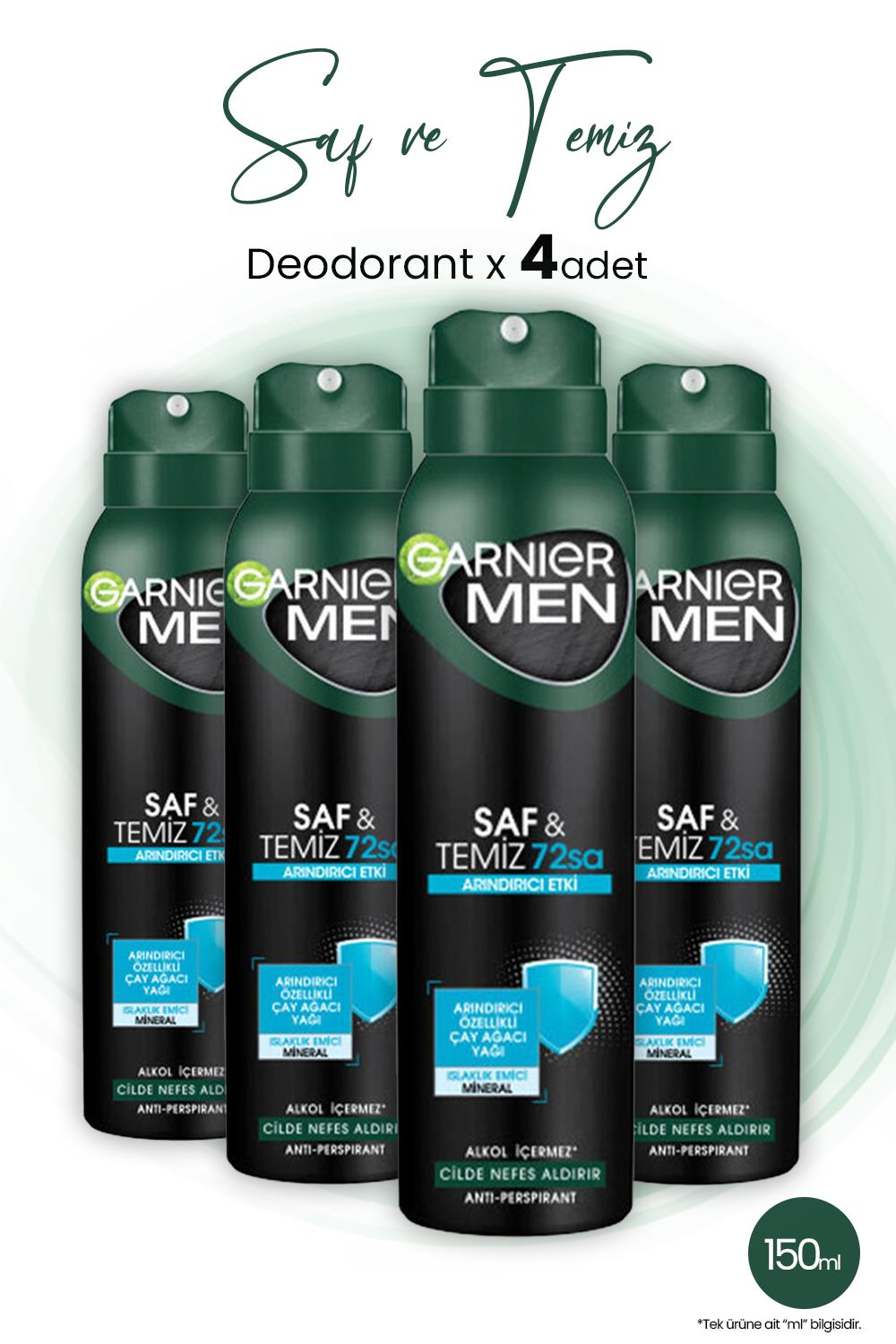 Garnier Men 72H Saf ve Temiz Erkek Deodorant 150 ml x 4 Adet