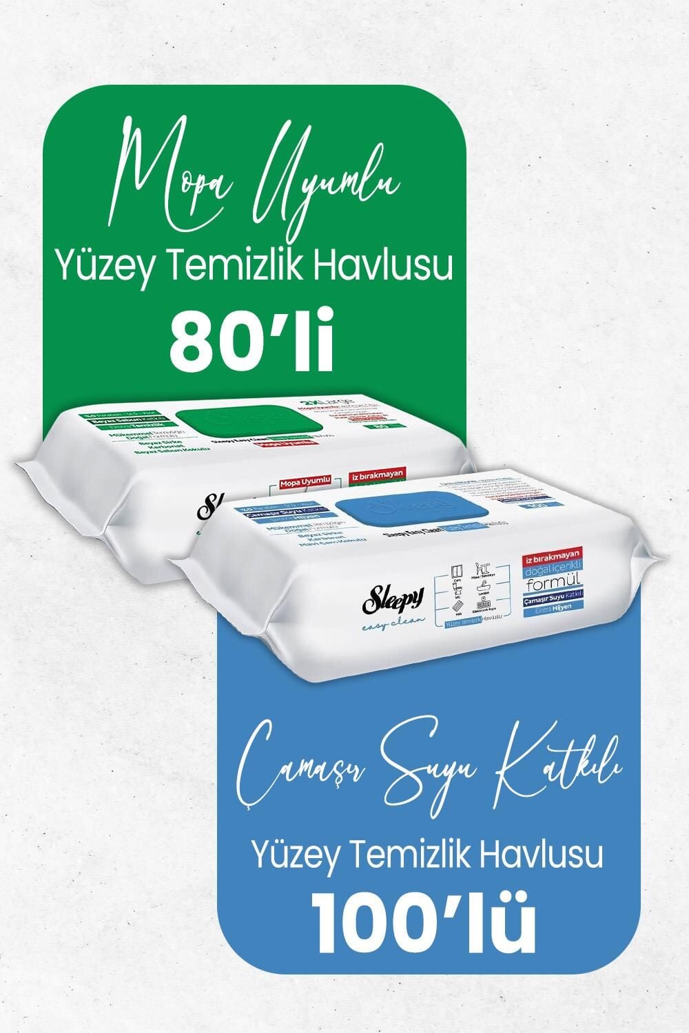Sleepy Easy Clean Mopa Uyumlu 80 Yaprak ve Çamaşır Suyu Katkılı 100 Yaprak Yüzey Temizlik Havlusu