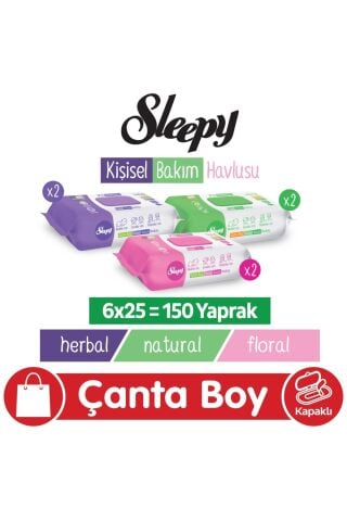 Sleepy Natural + Floral + Herbal Kişisel Bakım Havlusu Çanta Boy 6x25 (150 Yaprak)
