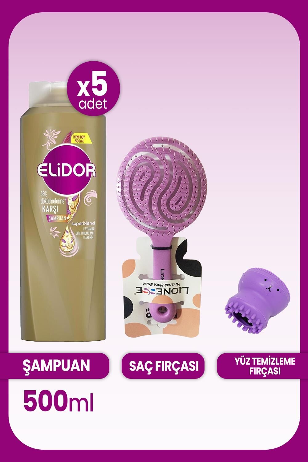 Elidor Superblend Şampuan Saç Dökülmelerine Karşı 500 ml x 5 Adet, Saç Fırçası ve Yüz Temizleme Fırçası