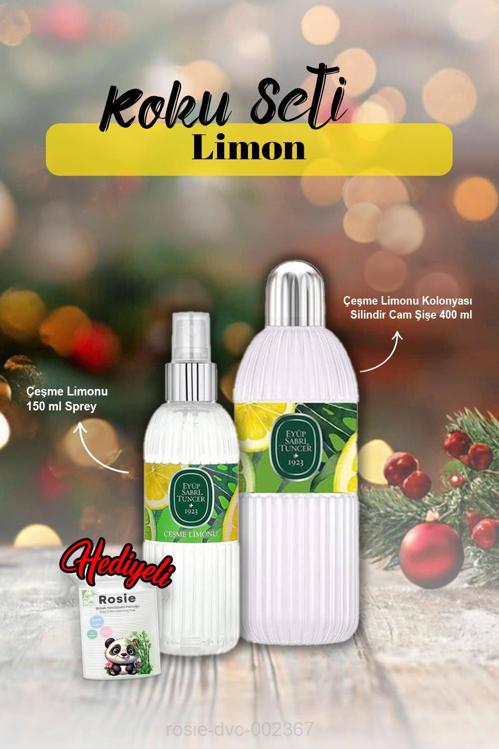 Çeşme Limonu Cam Şişe Kolonya 400 ml, Sprey 150 ml ve Rosie Hediye