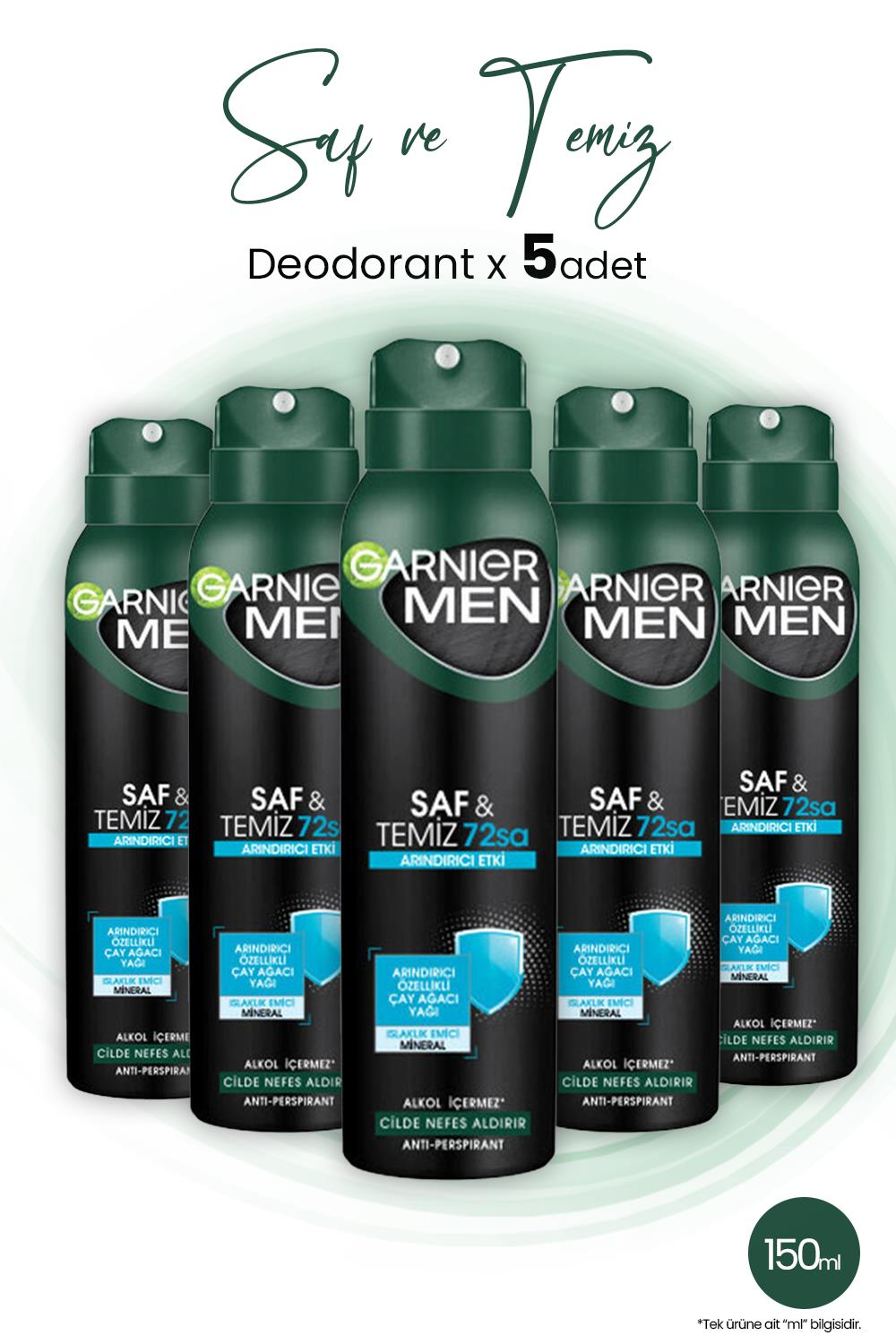 Garnier Men 72H Saf ve Temiz Erkek Deodorant 150 ml x 5 Adet