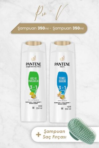 Pantene 3'ü 1 Arada Şampuan Pro-V Güç ve Parlaklık ve Temel Bakım 350 ml ve Şampuan Fırçası