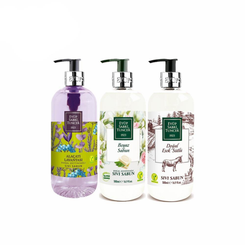 Düvenci Toptan Eyüp Sabri Tuncer Lavanta, Beyaz ve Eşek Sütlü Sıvı Sabun Seti 3' lü Paket 500 ML