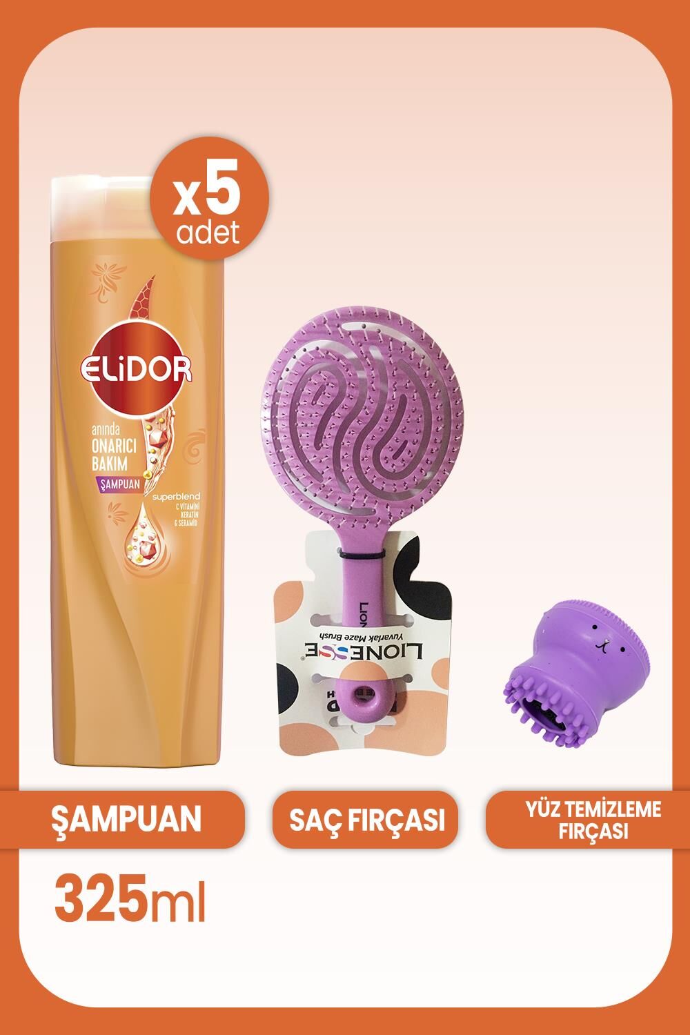 Elidor Superblend Onarıcı Bakım Şampuanı 325 ml x 5 Adet, Saç Fırçası ve Yüz Temizleme Fırçası