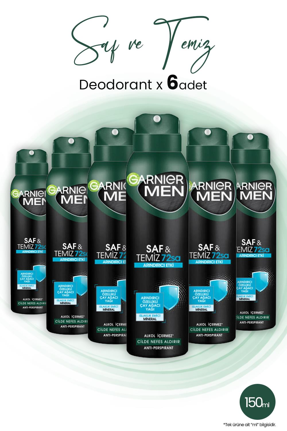 Garnier Men 72H Saf ve Temiz Erkek Deodorant 150 ml x 6 Adet