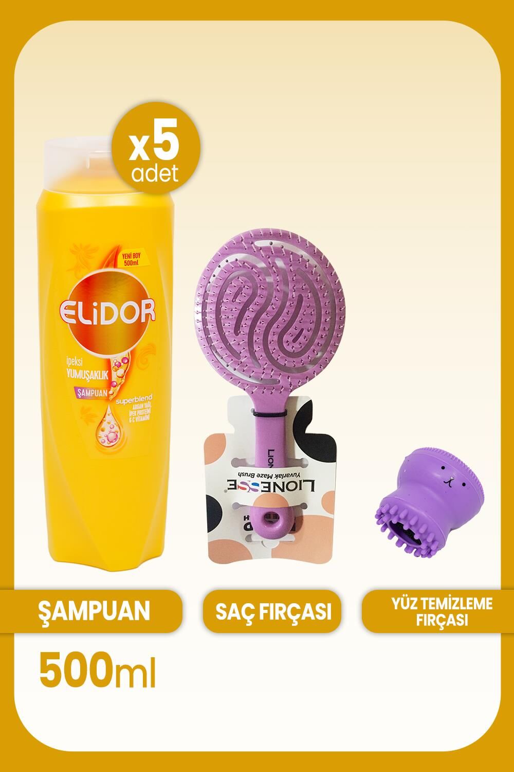 Elidor Superblend Şampuanİpeksi Yumuşaklık 500 ml x 5 Adet, Saç Fırçası ve Yüz Temizleme Fırçası