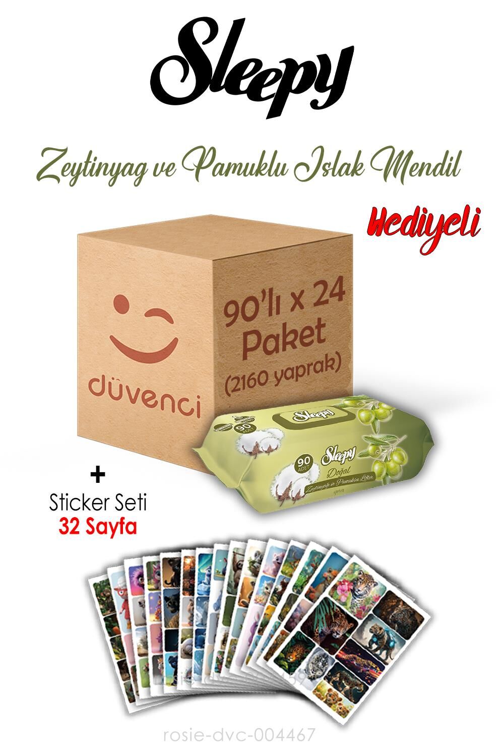 Zeytinyağlı Pamuklu Islak Havlu 90x24 (2160  yaprak) ve Sticker Seti 32 Sayfa
