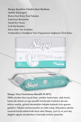 Sleepy Yetişkin Bezi Medium x2 ve Vücut Temizleme Mendili Xl 50''li x6 ve ROSIE