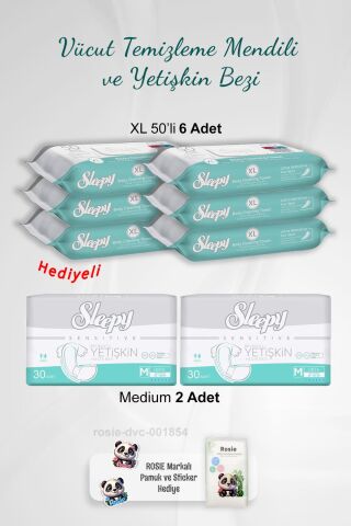 Sleepy Yetişkin Bezi Medium x2 ve Vücut Temizleme Mendili Xl 50''li x6 ve ROSIE