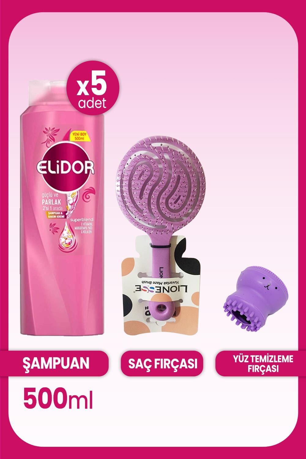 Elidor Superblend 2'si 1 Şampuan Güçlü Parlak 500 ml x 5 Adet, Saç Fırçası ve Yüz Temizleme Fırçası
