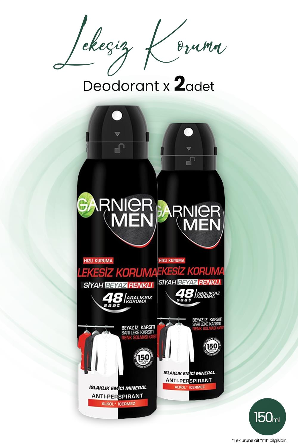 Garnier Men 48H Lekesiz Koruma Erkek Deodorant 150 ml x 2 Adet