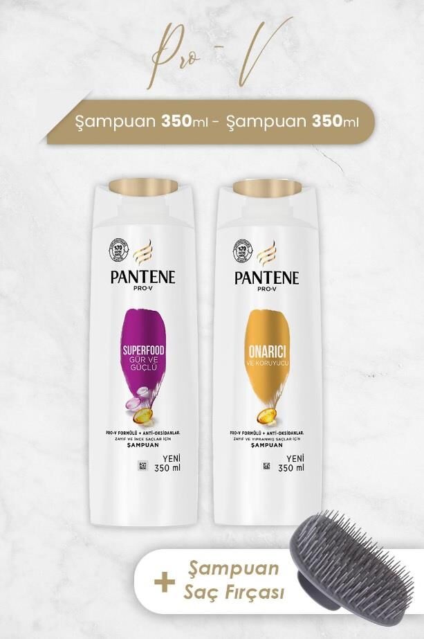 Pantene Şampuan Pro-V Superfood Gür ve Parlak Saçlar 350 ml ve Onarıcı 350 ml ve Şampuan Fırçası