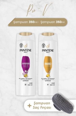 Pantene Şampuan Pro-V Superfood Gür ve Parlak Saçlar 350 ml ve Onarıcı 350 ml ve Şampuan Fırçası