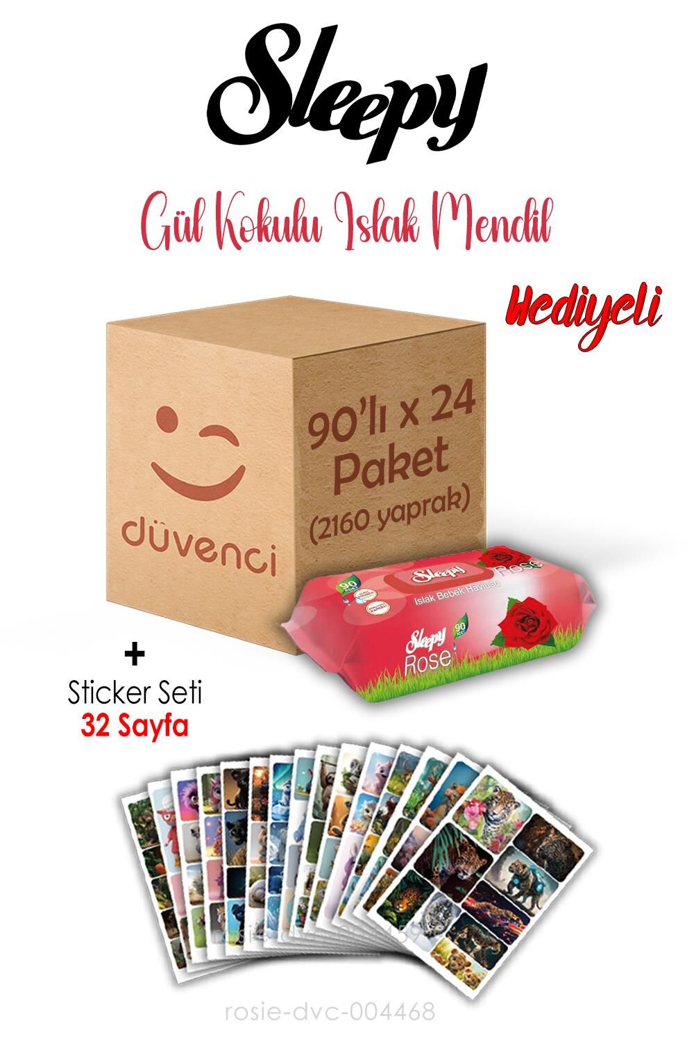Gül Kokulu Islak Havlu Sleepy 90x24 (2160  yaprak) ve Sticker Seti 32 Sayfa