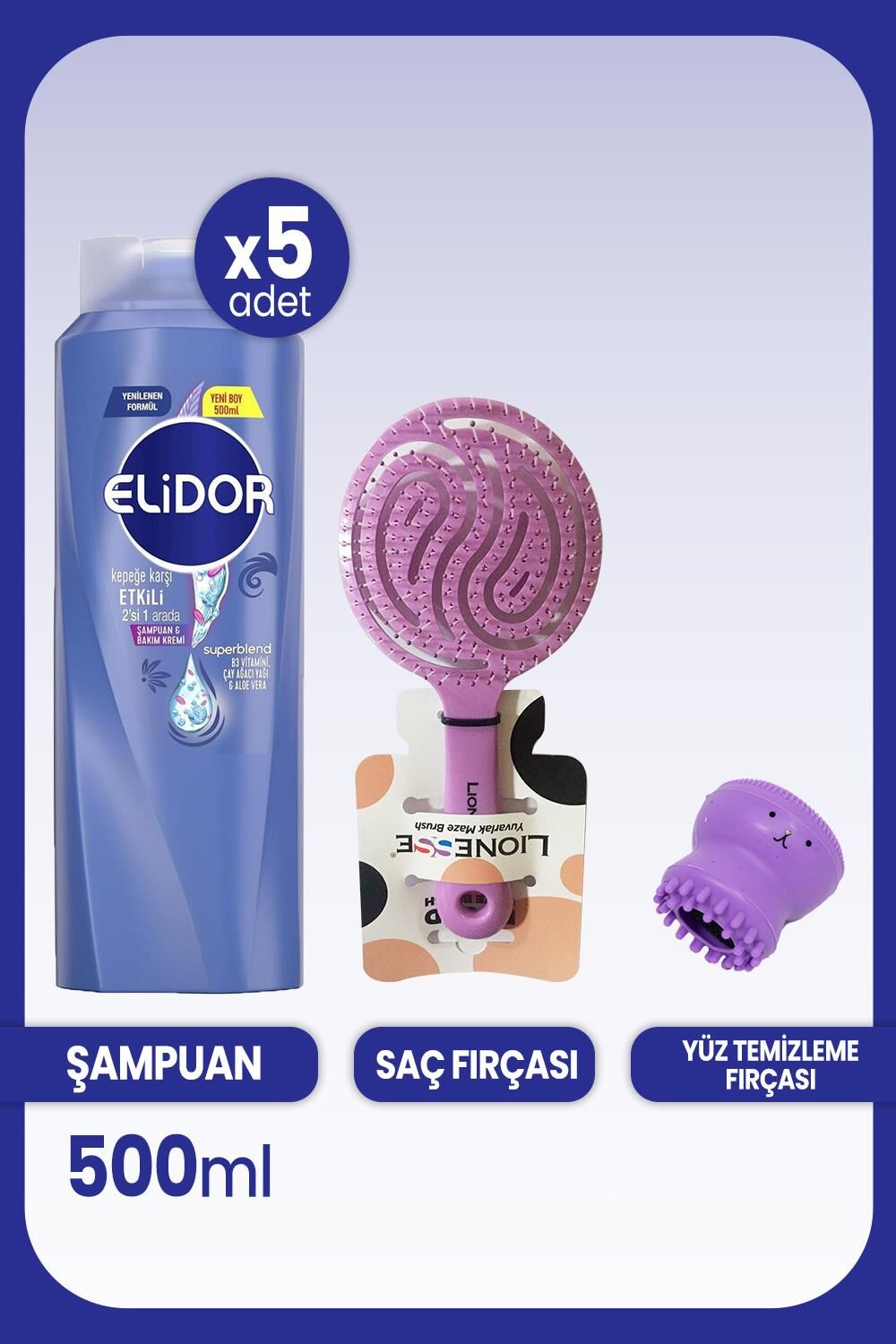 Elidor Superblend 2'si 1 Arada Kepeğe Karşı 500 ml x 5 Adet, Saç Fırçası ve Yüz Temizleme Fırçası