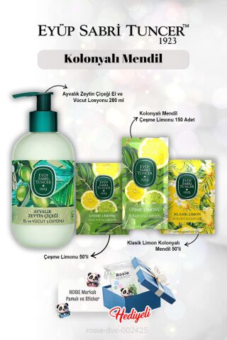 Kolonyalı Mendil 50'li limon X2 ve 150'li, Zeytin Çiçeği Losyon 280 ml ve Rosie