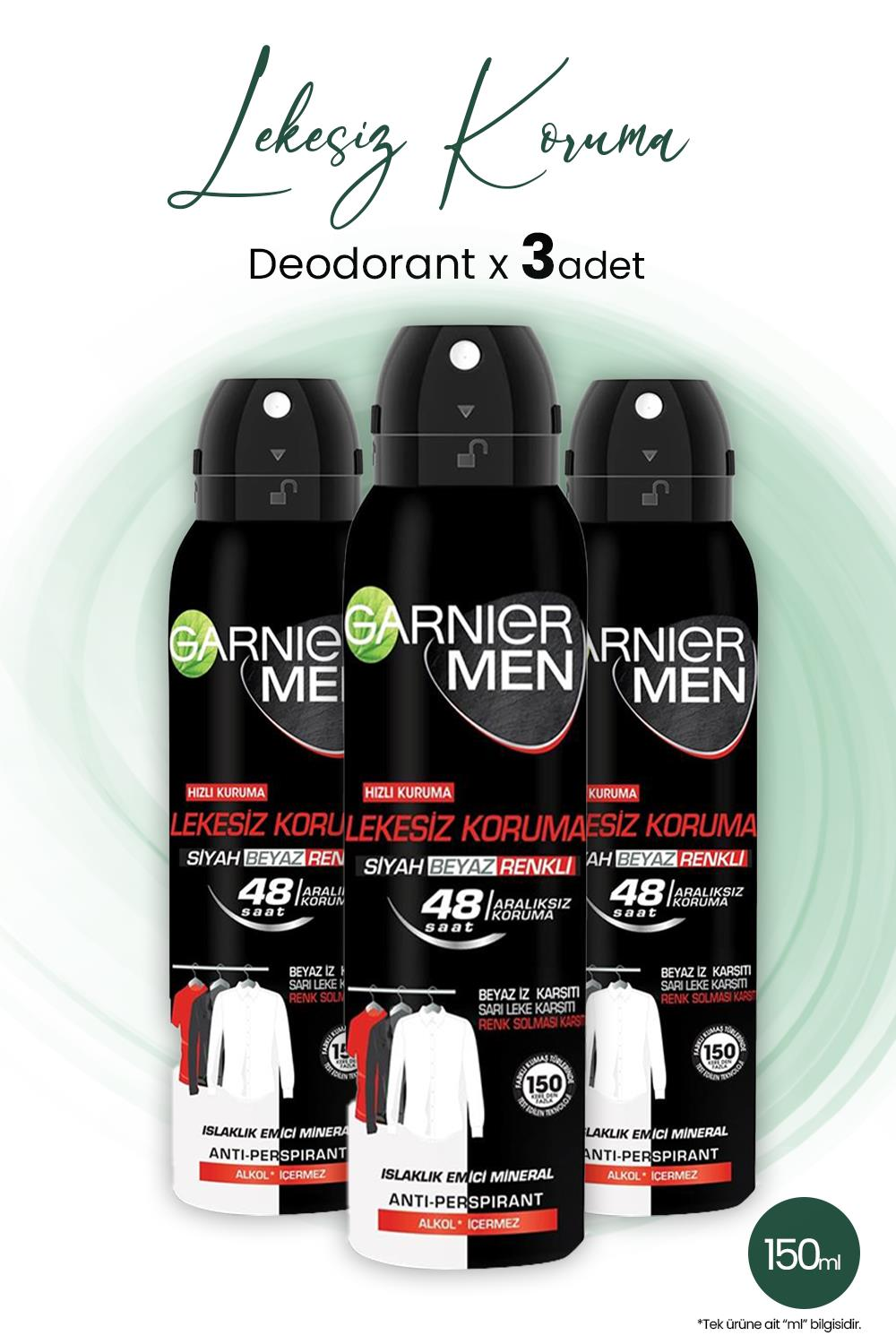 Garnier Men 48H Lekesiz Koruma Erkek Deodorant 150 ml x 3 Adet