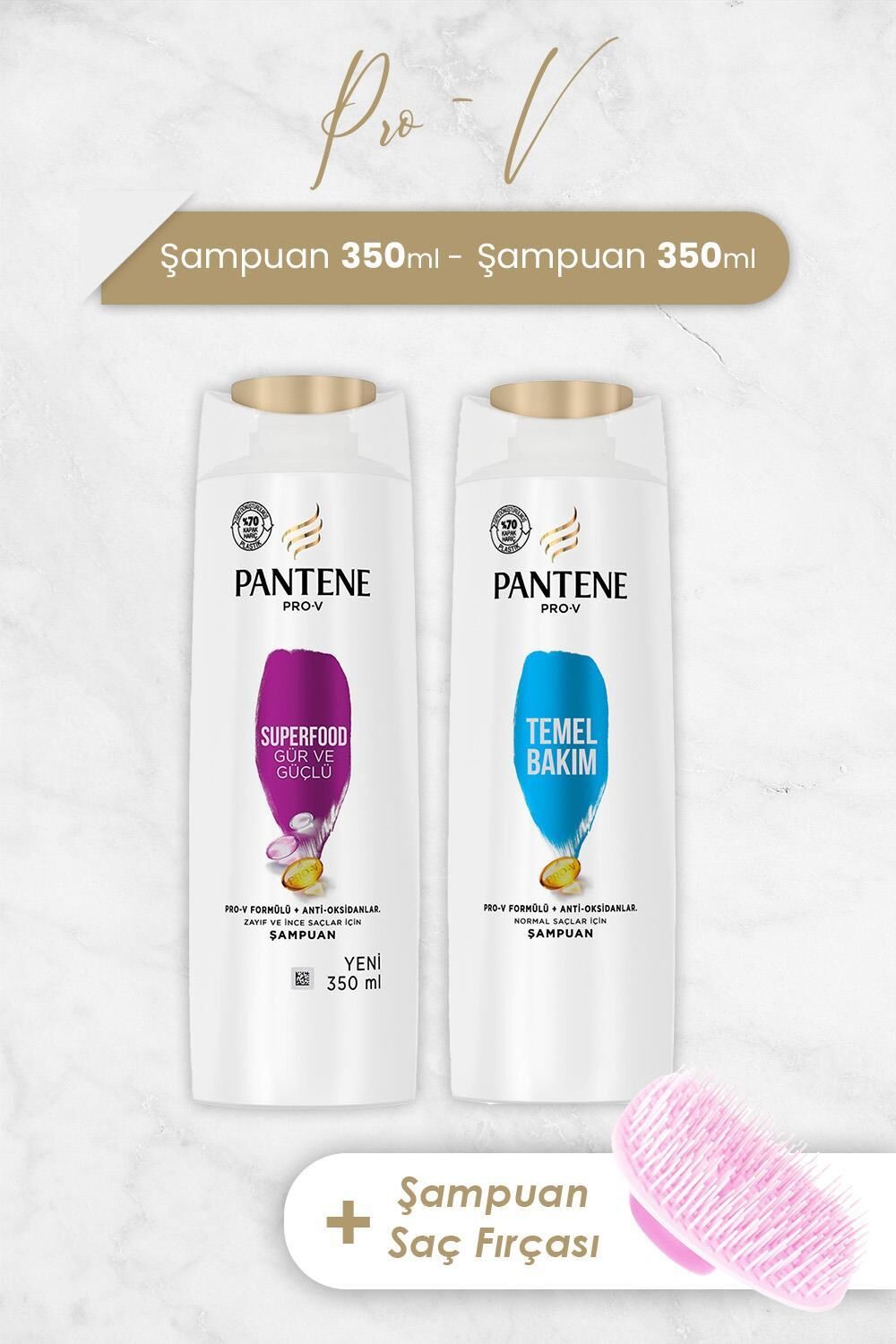 Pantene Şampuan Pro-V Superfood Gür ve Parlak Saçlar ve Temel Bakım 350 ml ve Şampuan Fırçası