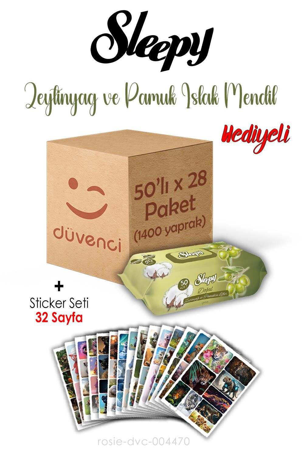 Zeytinyağlı ve Pamuklu Islak Havlu Sleepy 50x28 (1400  yaprak) ve Sticker Seti 32 Sayfa