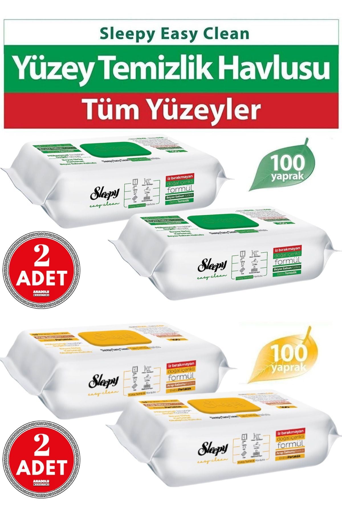 Sleepy Easy Clean Islak Mendi Beyaz Sabun Katkılı 2x100 + Arap Sabunu Katkılı 2x100