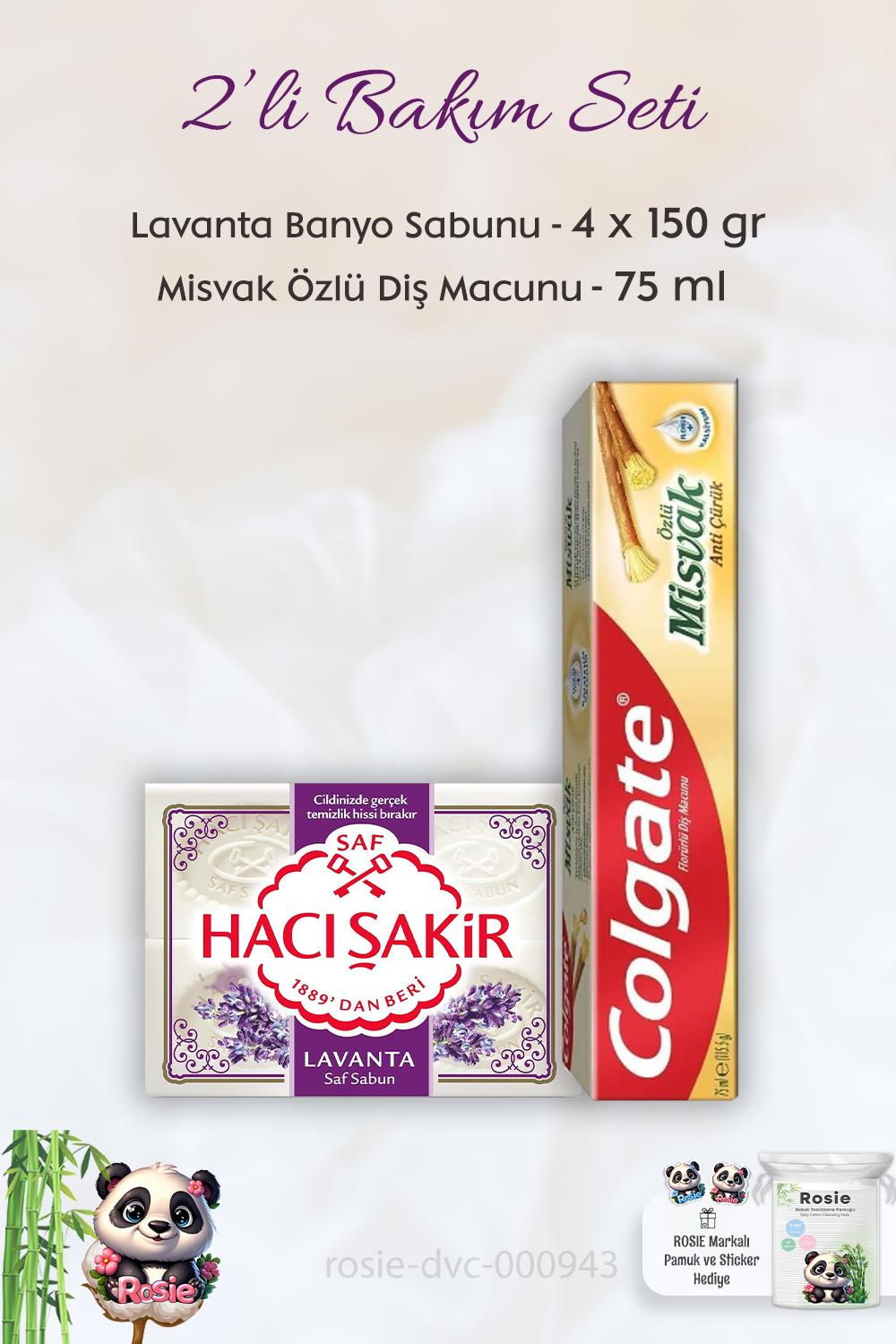 Colgate Misvak Özlü Diş Macunu 75 ml, H. Şakir Lavanta Kokulu Banyo Sabunu 4 x 150 gr ve ROSIE
