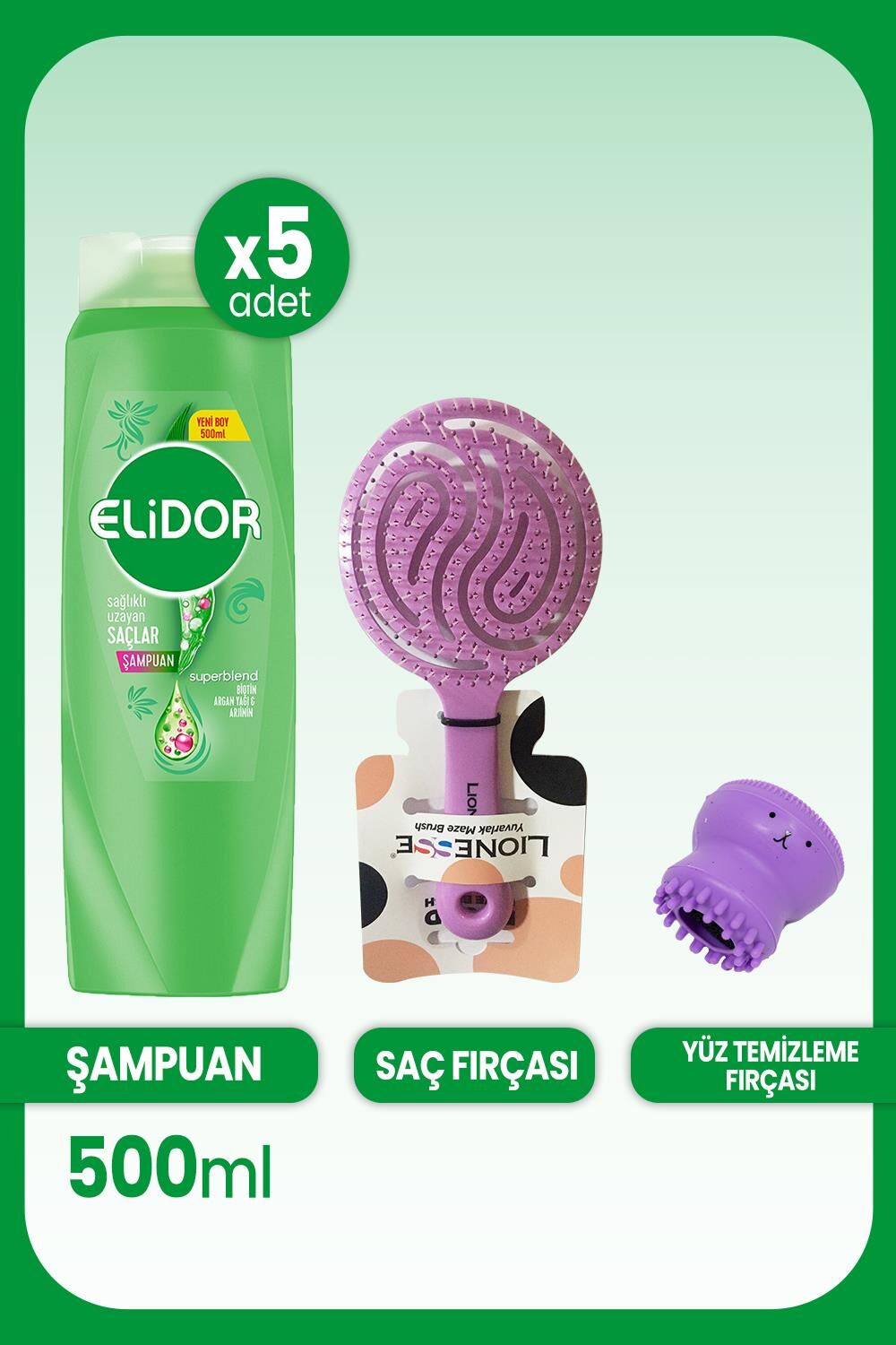 Elidor Superblend Şampuan 500 ml x 5 Adet, Saç Fırçası ve Yüz Temizleme Fırçası