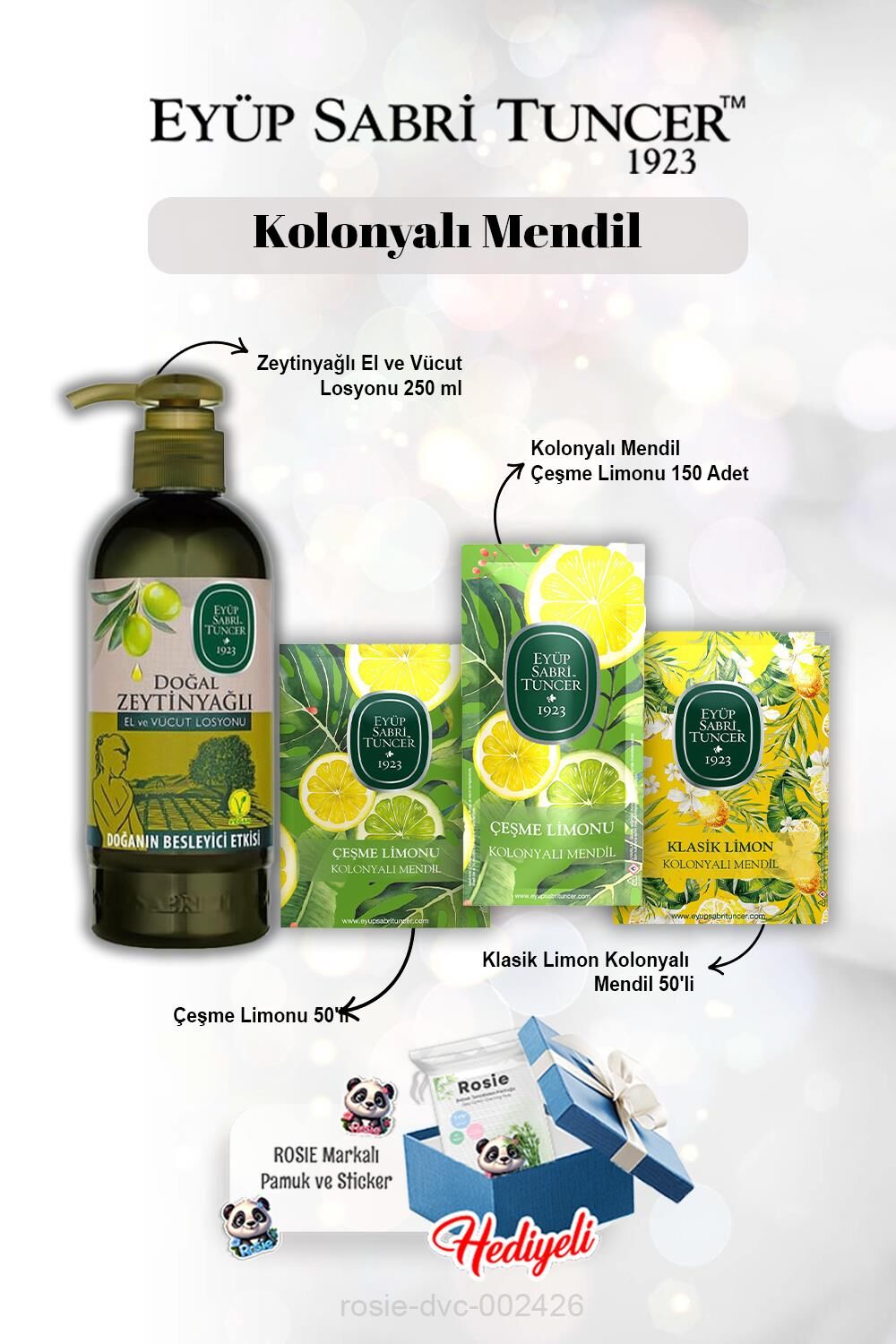 50'li limon X2 ve 150'li Kolonyalı Mendil , Zeytinyağlı Losyon 250 ml ve Rosie
