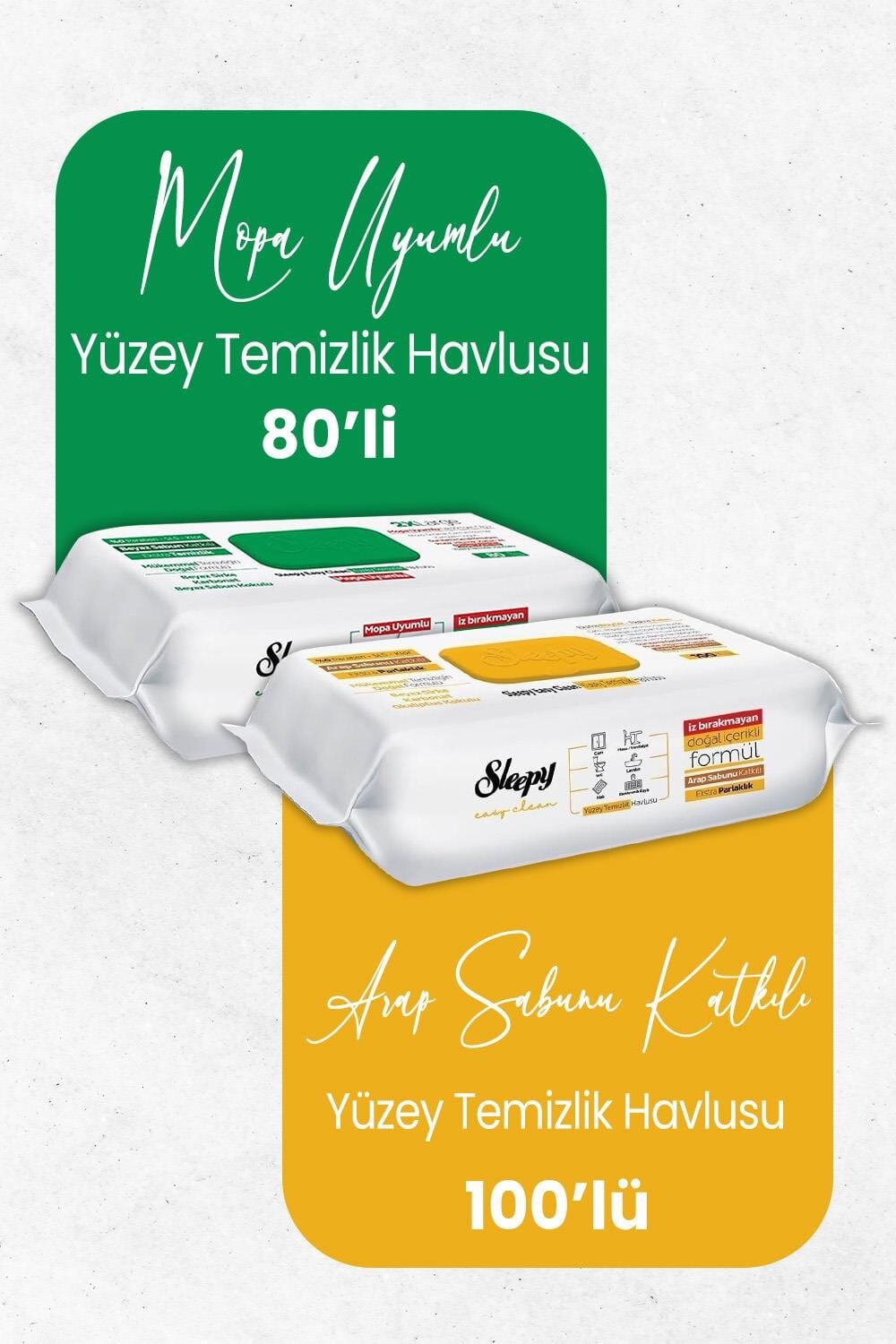 Sleepy Easy Clean Mopa Uyumlu 80 Yaprak ve Arap Sabunu Katkılı 100 Yaprak Yüzey Temizlik Havlusu