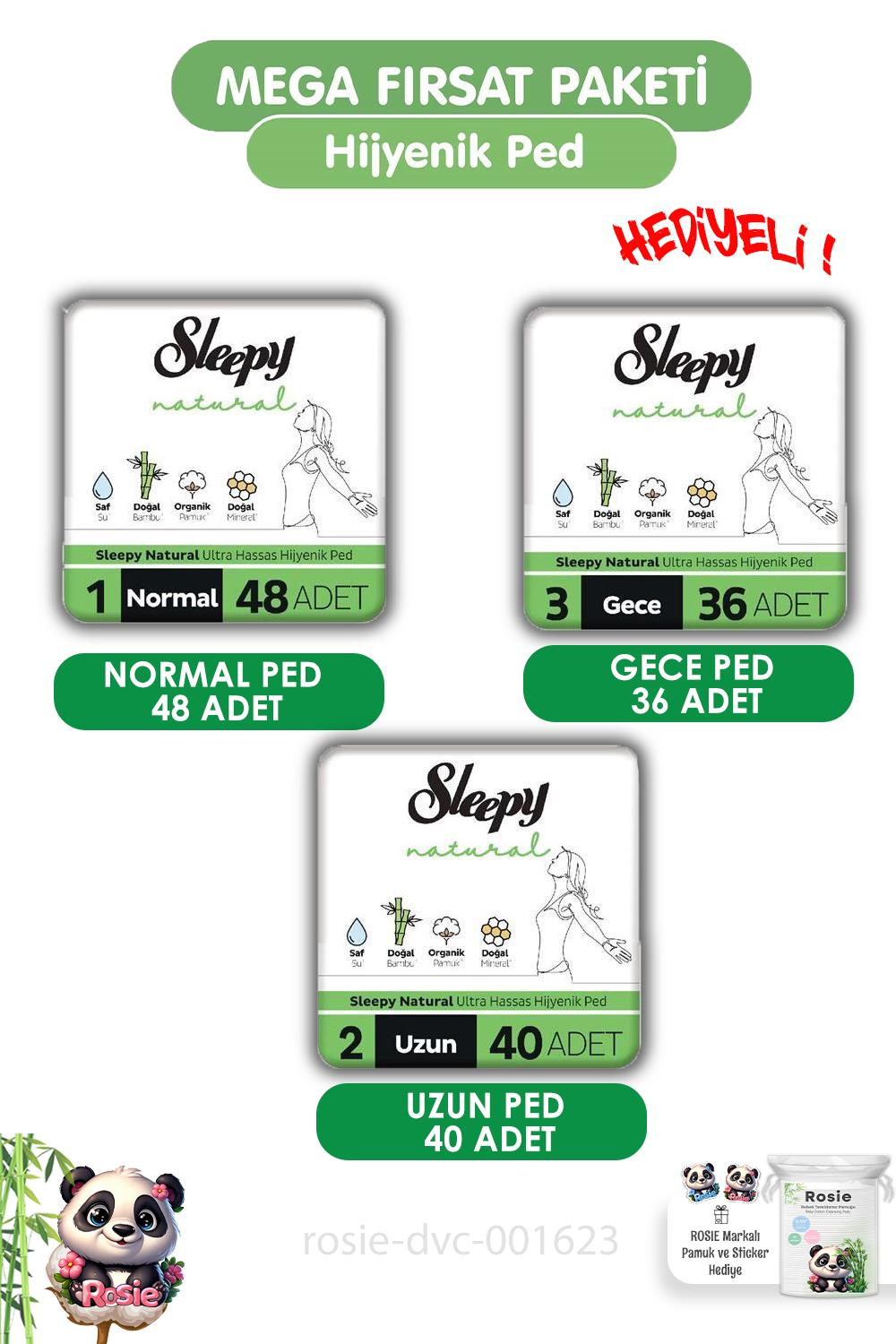Sleepy  Natural Ultra Hassas Hijyenik Ped 124 Adet Ped Mega Fırsat Paketi ve ROSIE