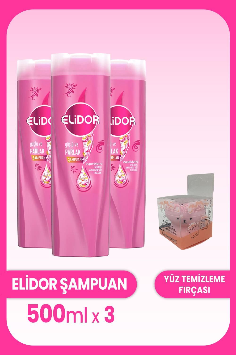 Elidor Superblend Şampuan Güçlü Parlak 500 ml x 3 Adet ve Yüz Fırçası