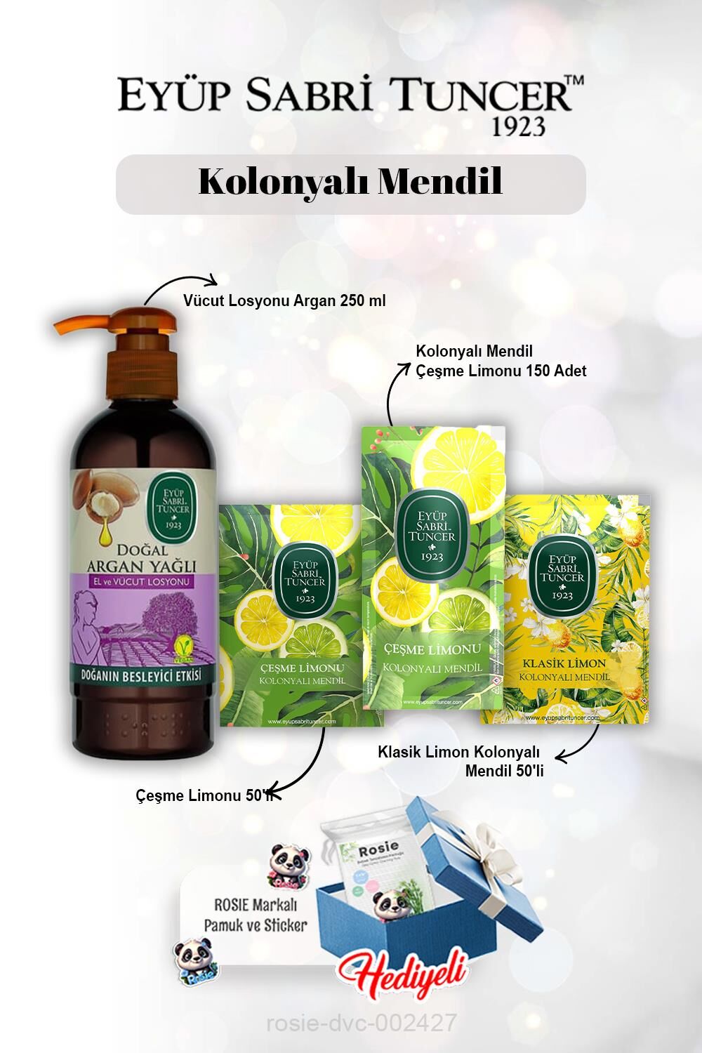 Limon 50'li X2 ve 150'li Kolonyalı Mendil , Argan Losyon 250 ml ve Rosie