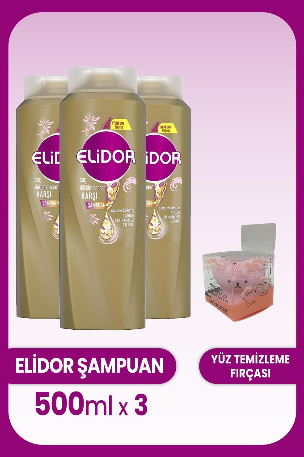 Elidor Superblend Şampuan Dökülmelere Karşı 500 ml x 3 Adet ve Yüz Fırçası