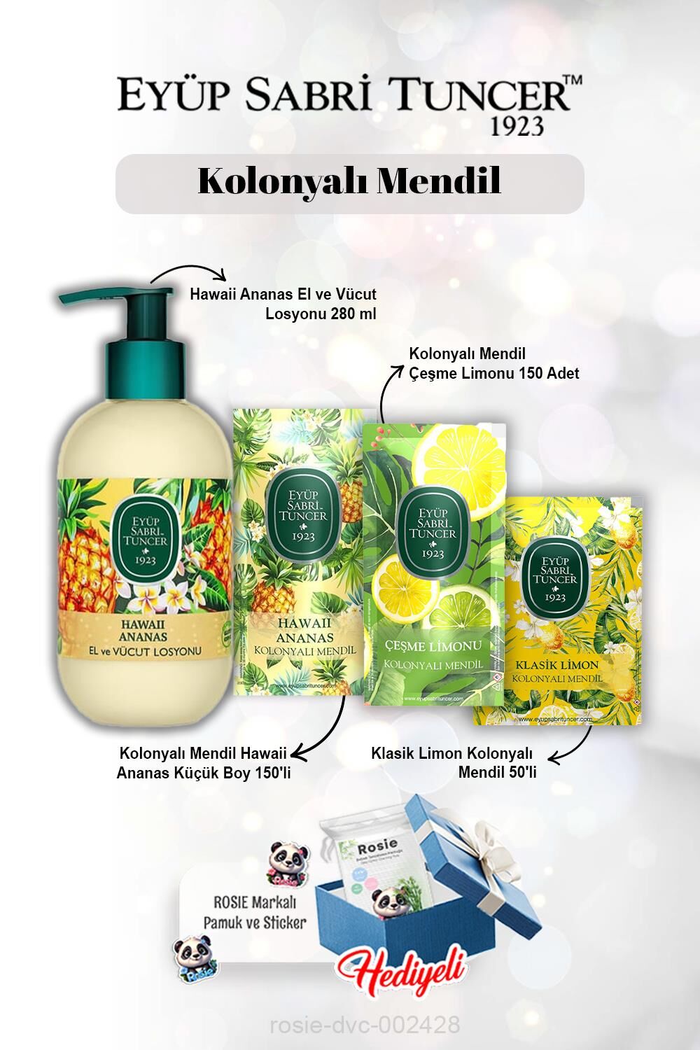 Ananas 150'li Limon 50'li ve 150'li Kolonyalı Mendil , Ananas Losyon 280 ml ve Rosie