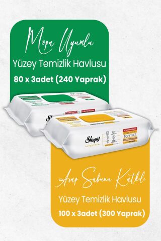 Sleepy Easy Clean Mopa Uyumlu 240 Yaprak ve Arap Sabunu Katkılı 300 Yaprak Yüzey Temizlik Havlusu