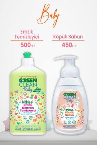 U green Clean Baby Bitkisel Biberon Emzik Temizleyici 500 ml ve Köpük Sabun Portakal 450 ml