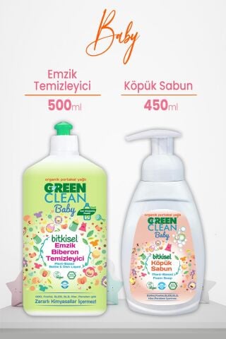 U green Clean Baby Bitkisel Biberon Emzik Temizleyici 500 ml ve Köpük Sabun Portakal 450 ml