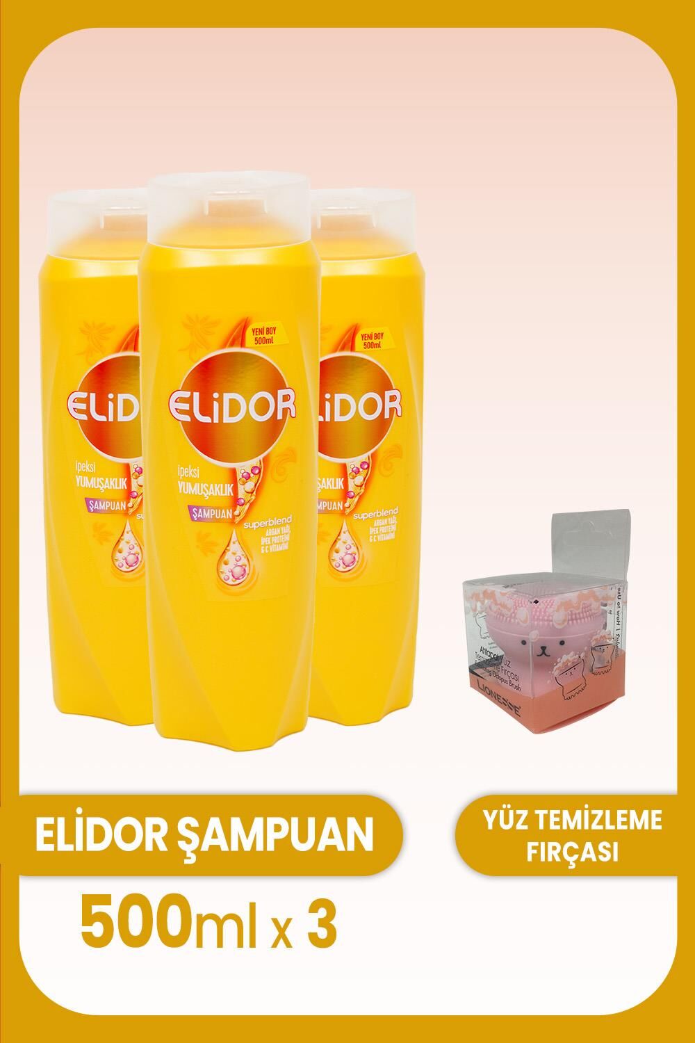 Elidor Superblend Şampuan İpeksi Yumuşaklık 500 ml x 3 Adet ve Yüz Fırçası
