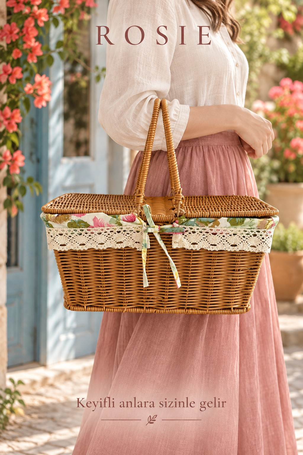 ROSIE Çiçek Desen Kumaşlı Dikdörtgen Piknik Sepeti 38 cm