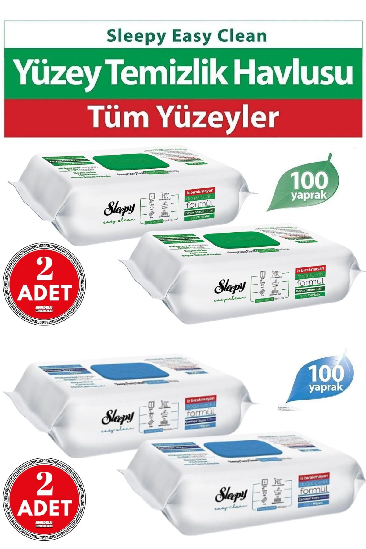 Sleepy Yüzey Temizlik Beyaz Sabun Katkılı 2X100+Çamaşır Suyu Katkılı 2X100
