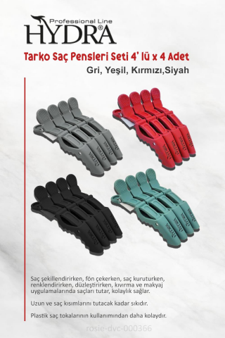 Tarko Hydra 2192 Saç Pensi 4 Lü Yeşil, Gri, Siyah, Kırmızı ve ROSIE