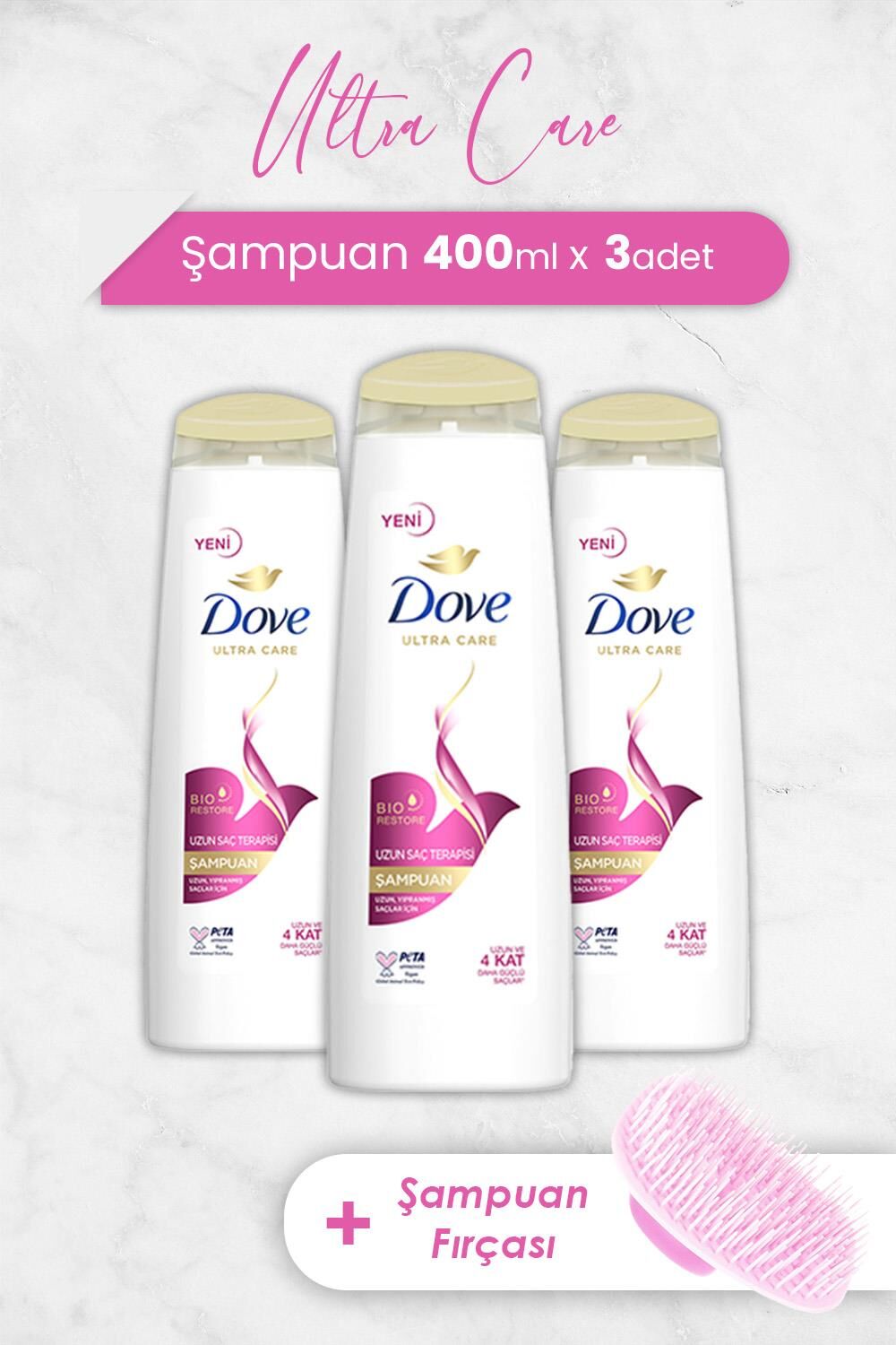Dove Ultra Care Şampuan Uzun Saç Terapisi 400 ml x 3 Adet ve Şampuan Fırçası
