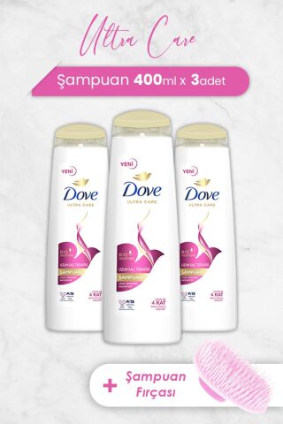 Dove Ultra Care Şampuan Uzun Saç Terapisi 400 ml x 3 Adet ve Şampuan Fırçası