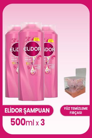 Elidor Superblend 2'si 1 Arada Şampuan ve Kremi Güçlü Parlak 500 ml x 3 Adet ve Yüz Fırçası