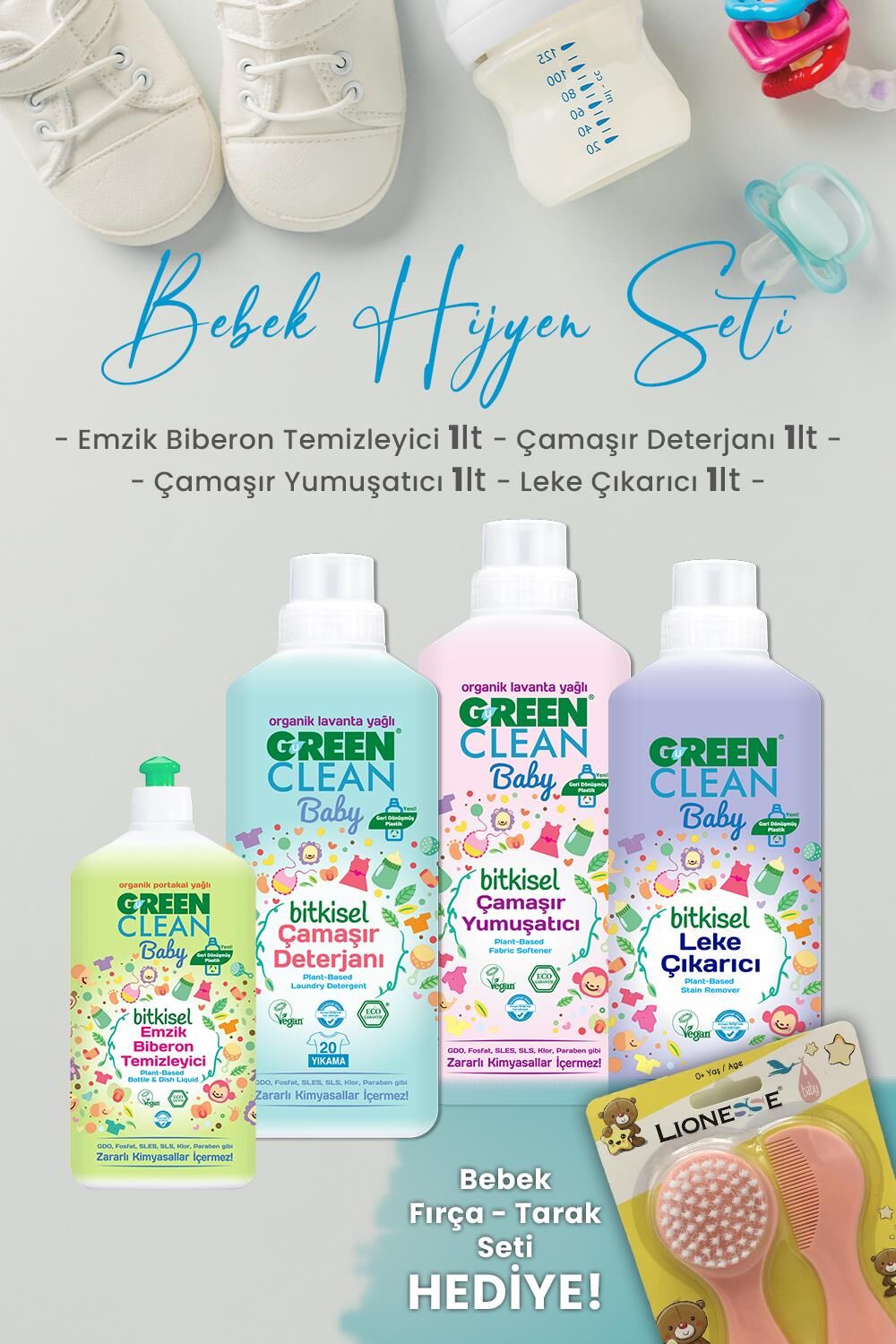 Green Clean Baby Deterjan, Yumuşatıcı, Leke Çıkarıcı, Emzik Temizleyici ve Hediyeli