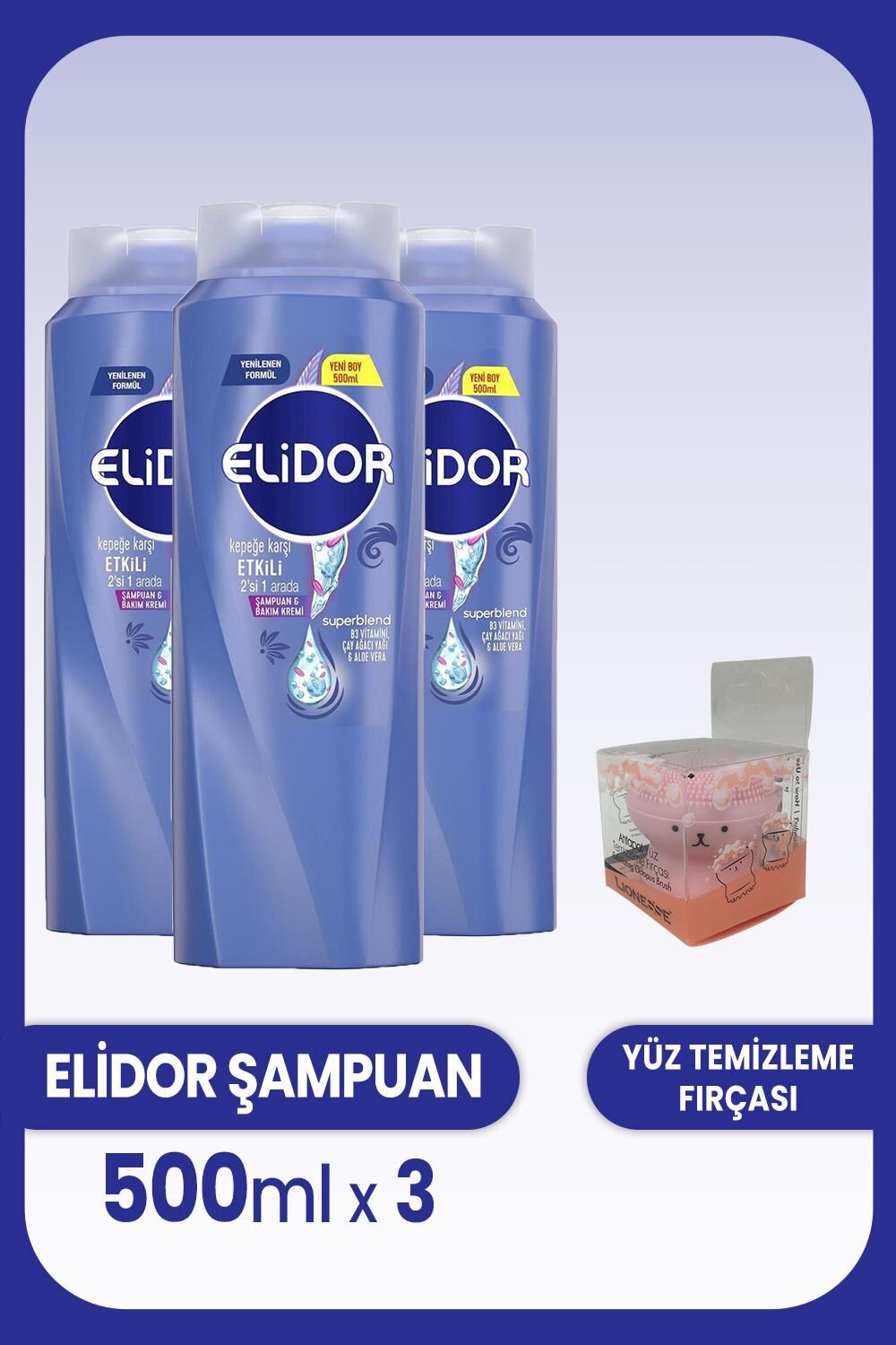 Elidor Superblend 2'si 1 Arada Şampuan ve Krem Kepeğe Karşı 500ml x 3 Adet ve Yüz Fırçası
