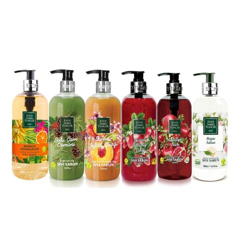 Eyüp Sabri Tuncer Sıvı Sabun Seti Antalya Narı, Beyaz Sabun, Bodrum Mandalinası, Bolu Çam, Şeftali Çiçeği, Uludağ Çileği 500 ml