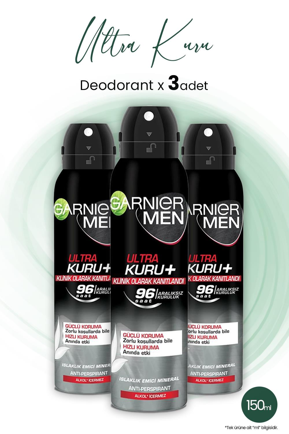 Garnier Men 96H Ultra Kuru Erkek Deodorant 150 ml x 3 Adet