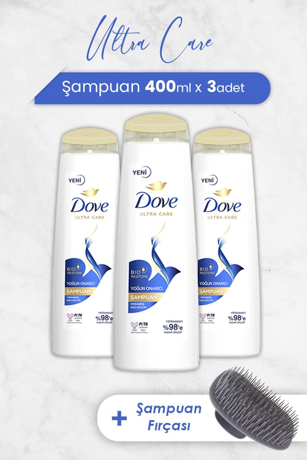 Dove Ultra Care Yoğun Onarıcı Şampuan 400 ml x 3 Adet ve Şampuan Fırçası